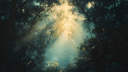 Fototapeta premium Sunlight filtering through dense forest foliage 