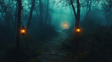 Haunted forest trail lit by eerie lanterns, with fog swirling and creepy sounds in the distance.