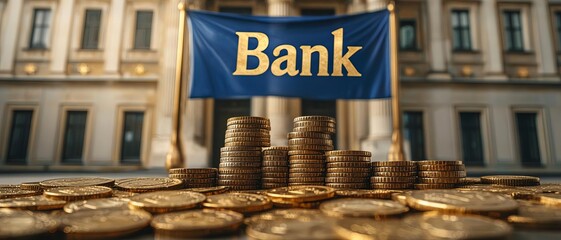 A bank building with stacks of gold coins in front