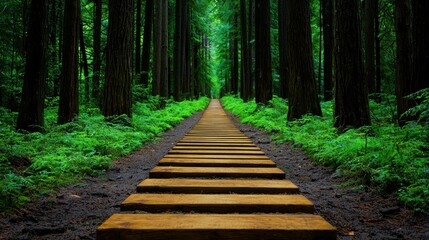 Obraz premium Tranquil Forest Pathway Towards Carbon Neutrality - Conceptual Journey Through Nature with Copy space