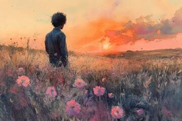 Fototapeta premium Serene Moment - Individual Gazing at Sunset in Watercolor Style