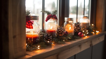 Rustic Christmas Window Sills with Mason Jars and Candles