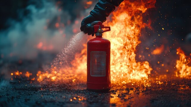 Close-up of hand using fire extinguisher on fire, burning building and smoke in background, safety training concept for office or home, commercial photo, soft lighting
