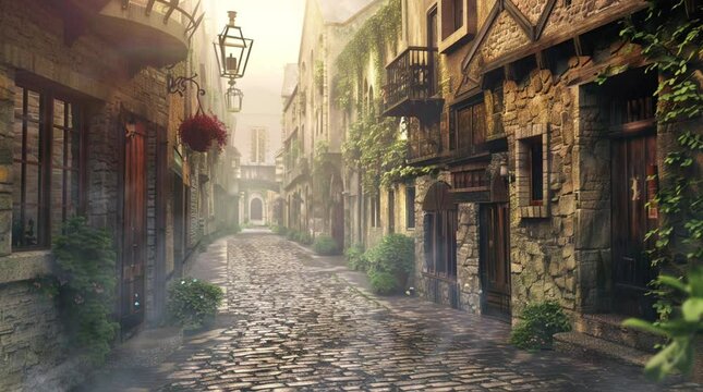 Charming blocked street view over medieval houses during a rainy day, creating a nostalgic atmosphere
 Seamless looping 4k time-lapse virtual video animation Generated AI