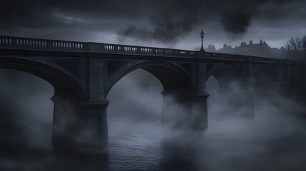 An old stone bridge stands tall over a foggy river, creating a mysterious and atmospheric scene.