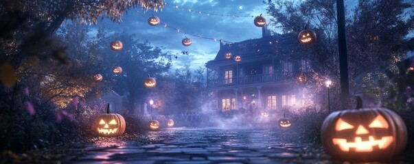 Floating Jack o Lanterns glowing purple surrounded by spooky fog