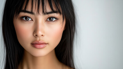 Captivating close-up of a young woman with long hair and a serene expression in a softly lit indoor setting