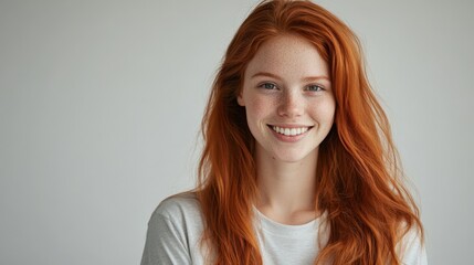 Naklejka premium Smiling redhead woman with freckles posing against neutral background