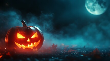 Naklejka premium Close-up of a jack-o'-lantern with a sinister grin, surrounded by fall leaves and glowing candles.