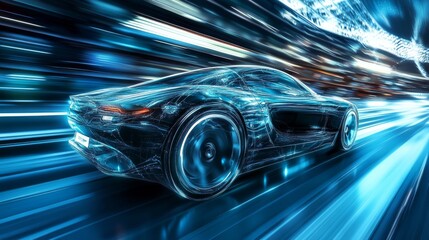 Fototapeta premium A car is shown in motion, with its wheels spinning and the car's headlights on