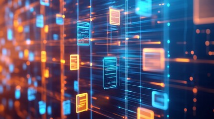 Obraz premium Abstract network grid with files and folders, futuristic software interface, digital document management system, store, search and organize documents, AI Generative