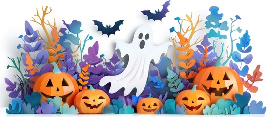 Obraz premium Spooky Halloween scene featuring a ghostly apparition carved pumpkins and bats silhouetted against a backdrop of colorful autumn foliage and a dark ominous forest landscape