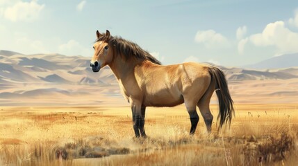 Fototapeta premium Majestic Wild Mustang Standing in Vast Golden Desert Landscape