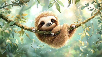 Obraz premium A cute sloth hangs lazily from a branch, enjoying its peaceful jungle surroundings.