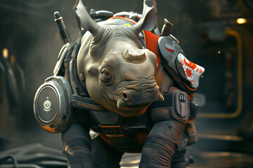 Digital illustration of rhino monster in, A monster character design,soldier scene. monster futuristic pose. Concept art science fiction creepy alien character, Generative AI