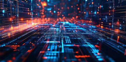 Obraz premium Abstract digital background with glowing lines and data on a dark background.