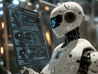 Fototapeta na wymiar biznes, sztuczna inteligencja, AI, asystent, biuro, nowoczesne, technologia, innowacje, zespół, współpraca, komputery, ekrany, tablet, inteligentne, praca, minimalizm, przyszłość, dynamiczne, cyfrowe,