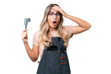 Young Uruguayan hairdresser woman over isolated background doing surprise gesture while looking to the side