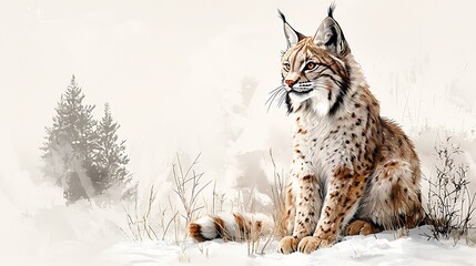 Fototapeta premium A lynx roams through a winter wonderland, snowflakes softly falling around.