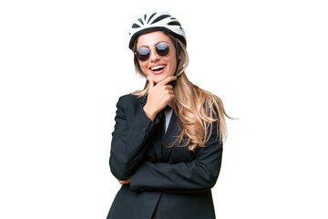Business Uruguayan woman wearing a helmet biker over isolated background with glasses and smiling