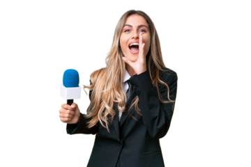 Young pretty Uruguayan tv presenter over isolated background shouting with mouth wide open