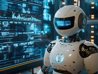 Fototapeta na wymiar biznes, sztuczna inteligencja, AI, asystent, biuro, nowoczesne, technologia, innowacje, zespół, współpraca, komputery, ekrany, tablet, inteligentne, praca, minimalizm, przyszłość, dynamiczne, cyfrowe,
