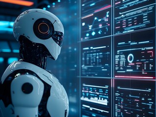 Fototapeta na wymiar biznes, sztuczna inteligencja, AI, asystent, biuro, nowoczesne, technologia, innowacje, zespół, współpraca, komputery, ekrany, tablet, inteligentne, praca, minimalizm, przyszłość, dynamiczne, cyfrowe,
