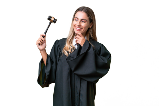 Judge Uruguayan woman over isolated background looking to the side and smiling