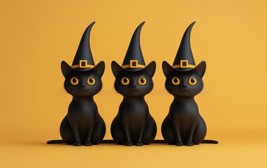 Three Black Cats Wearing Witch Hats