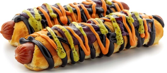Closeup of a colorful and gourmet style grilled hotdog with an assortment of tasty toppings such as mustard ketchup relish onion and pickle displayed on a white background