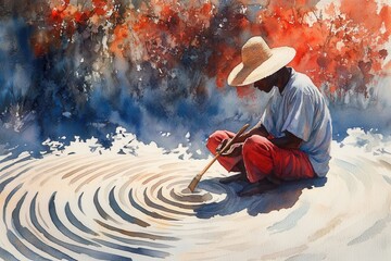 Tranquil Zen Garden Retreat - Serene Figure Amid Raked Sand Patterns in Watercolor Style