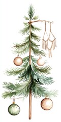 Boho style Christmas tree clipart, adorned with macrame ornaments, watercolor illustration, earthy colors, isolated on white background