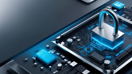 A sleek, modern, and futuristic wide banner design depicting a close-up of a compute motherboard, illuminated with soft blue LED, generative ai