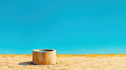 Fototapeta premium Minimalist Watercolor Painting of an Empty Well in Barren Field Reflecting Water Scarcity with Copy Space.