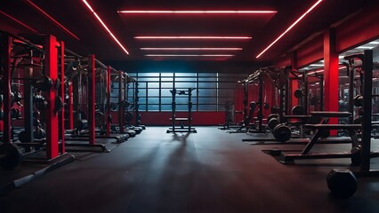 Modern Gym Interior With High-Tech Equipment and Vibrant Lighting in an Urban Setting During Evening Hours