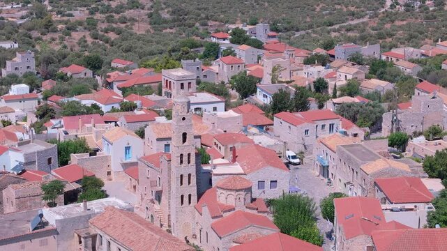 greece peloponnese region aeropoli town unique architecture stone houses and town square aerial view