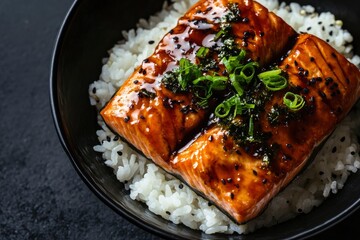 Teriyaki salmon over black background with rice and nori , ai