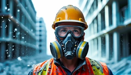 Obraz premium A masked worker, clad in a protective suit and helmet, navigates a dangerous environment, shielded from toxic fumes and harmful pollutants