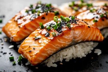 Teriyaki salmon over black background with rice and nori , ai