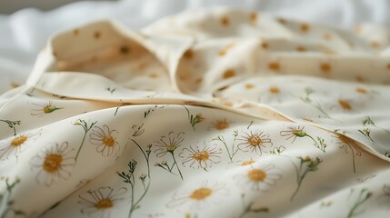Soft white fabric with a daisy pattern offers a close-up view of its floral design and texture.