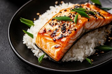 Teriyaki salmon over black background with rice and nori , ai