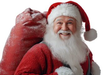 A cheerful, smiling Santa Claus dressed in his classic red suit and white fluffy hat, carrying a large red sack over his shoulder. 