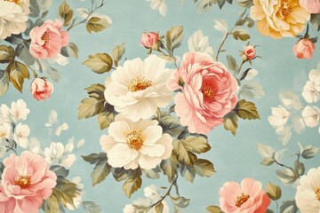 A vintage floral pattern featuring lush roses and delicate flowers on a soft blue background, perfect for home decor.