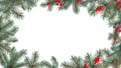 Festive Christmas frame made of coniferous branches decorated with artificial red berries. Frame isolated on white background, copy space. Two options, with and without decoration.