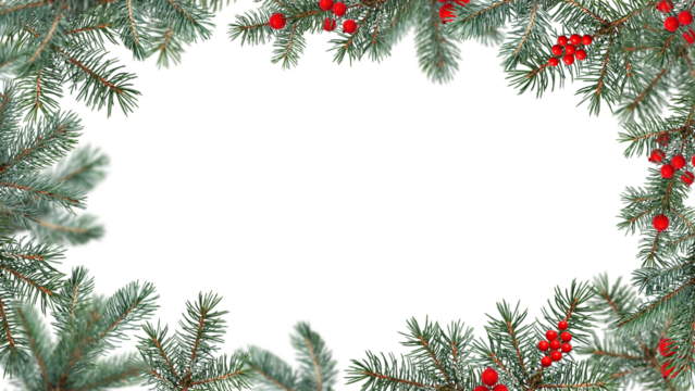 Festive Christmas frame made of coniferous branches decorated with artificial red berries. Frame isolated on white background, copy space. Two options, with and without decoration.