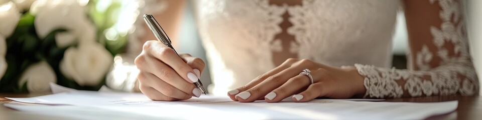 the bride signs wedding documents at the registry office at the wedding ceremony on her wedding day, close-up of hands, white bouquet in the background.