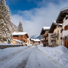 Fototapeta premium Alpine village with snow, AI generated