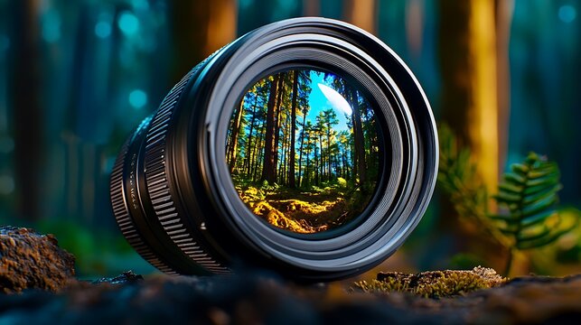 A camera lens reflects a peaceful forest scene, with a soft bokeh background enhancing the mood.