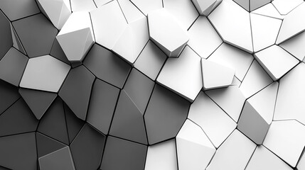 Abstract geometric pattern featuring interlocking shapes in shades of black and white, ideal for modern design and backgrounds.
