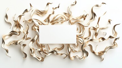 Abstract golden ribbons framing a blank card on a light background.